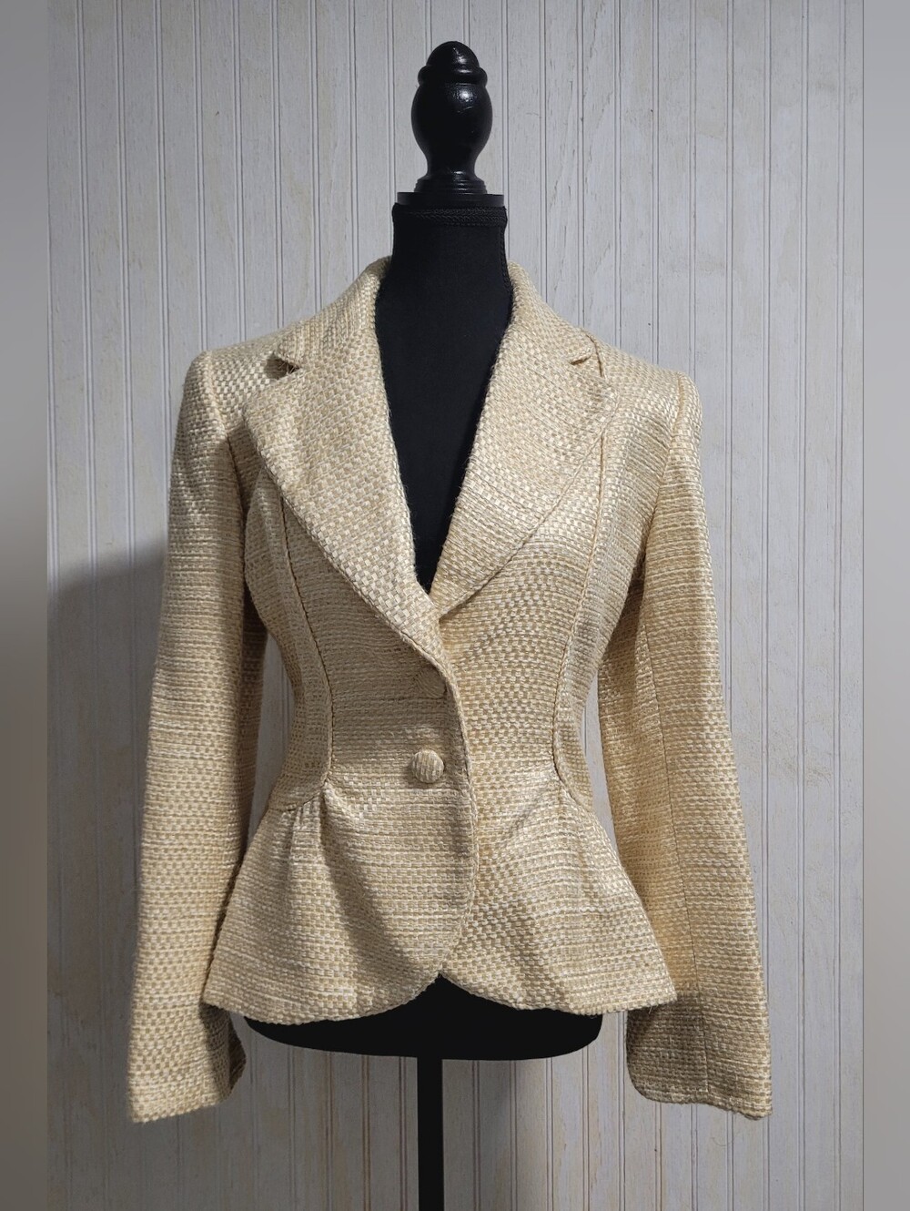 Pilar Rossi Late 80s Vintage Silk Weave Peplum Blazer Jacket Cream Gold Size 8